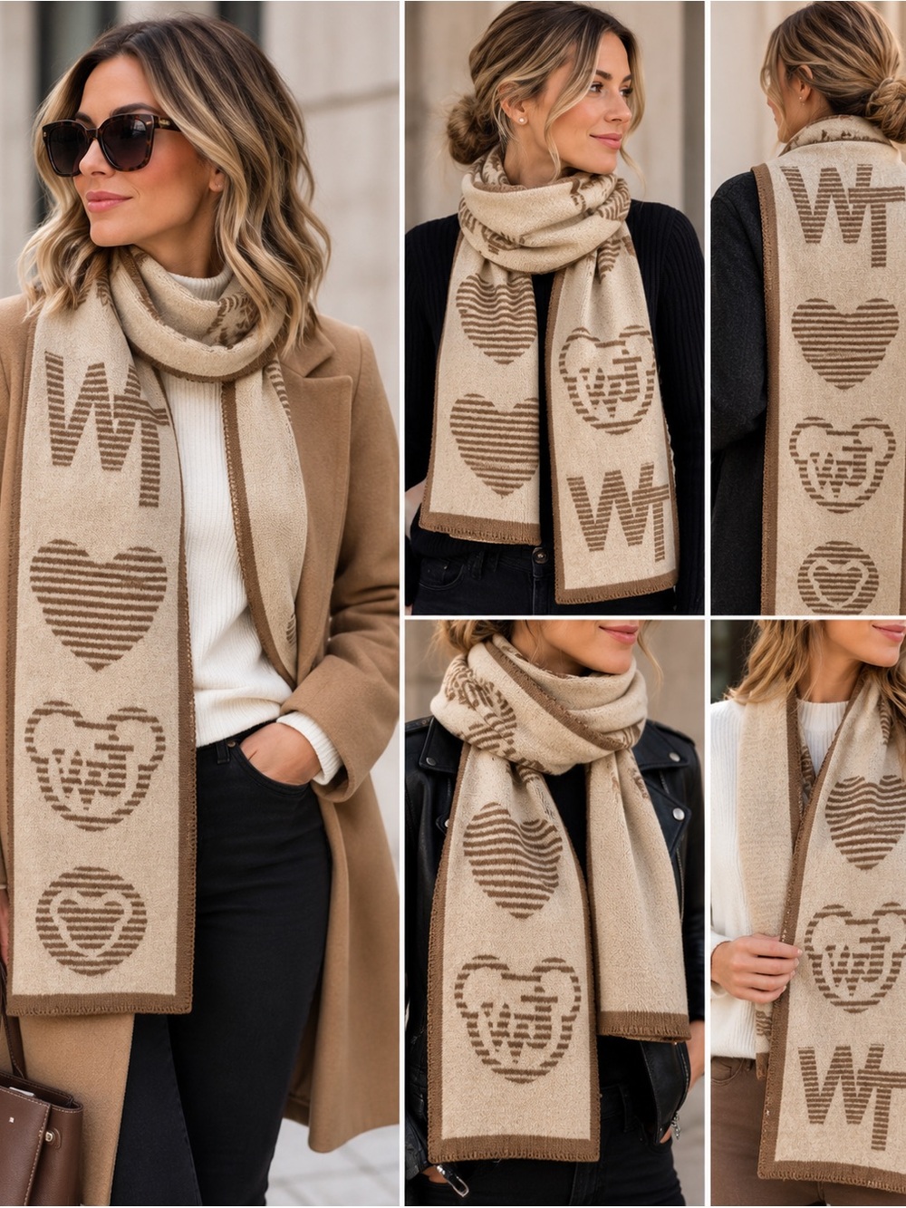 Teenie Weenie 100% Wool Reversible Monogram Bear Scarf Beige Brown